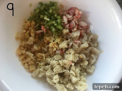 Chopped crab meat, bread, celery & fish.