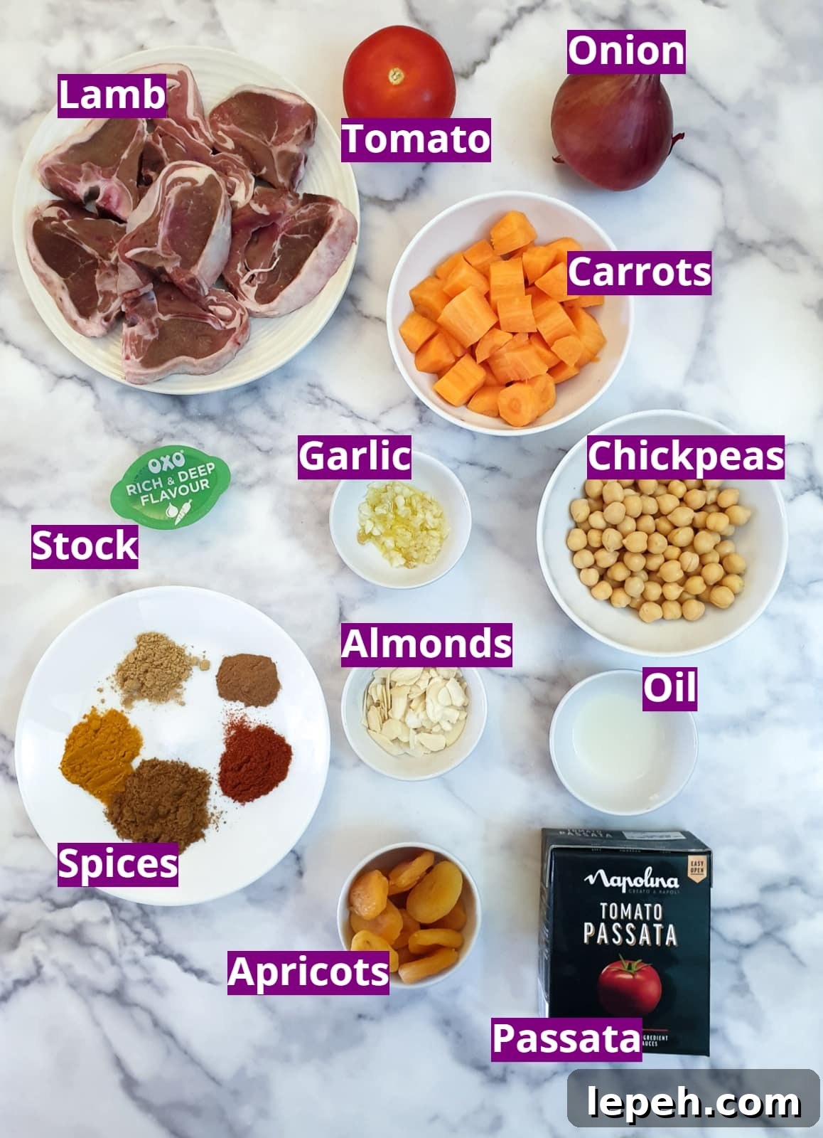 Ingredients for a Moroccan lamb tagine.