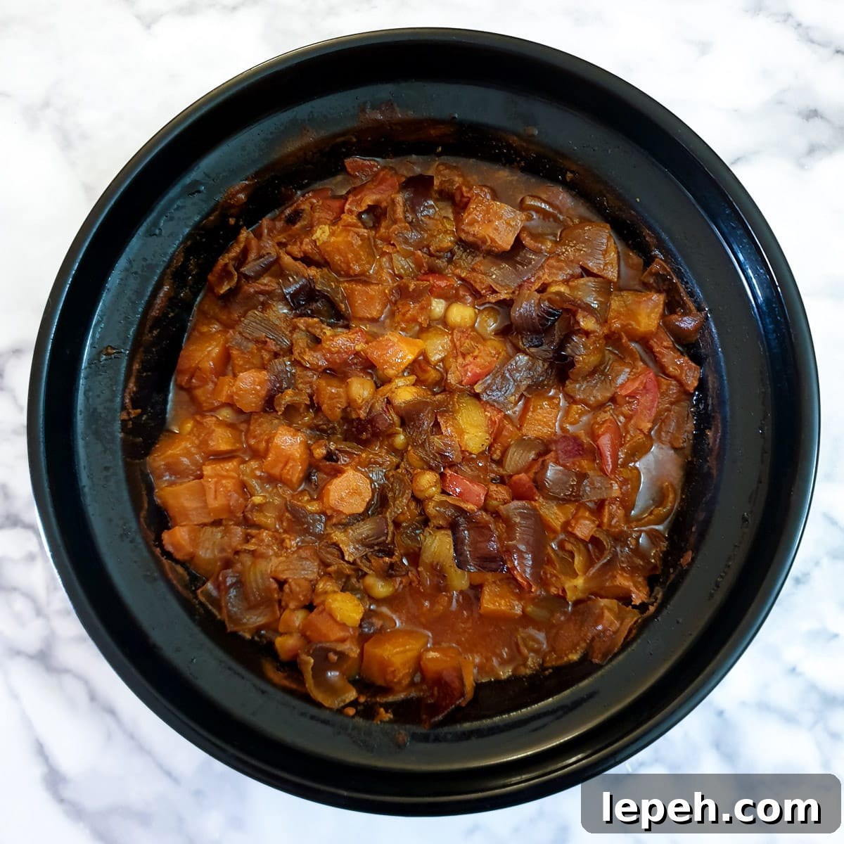 Moroccan lamb tagine after being cooked for 1.5 hours.
