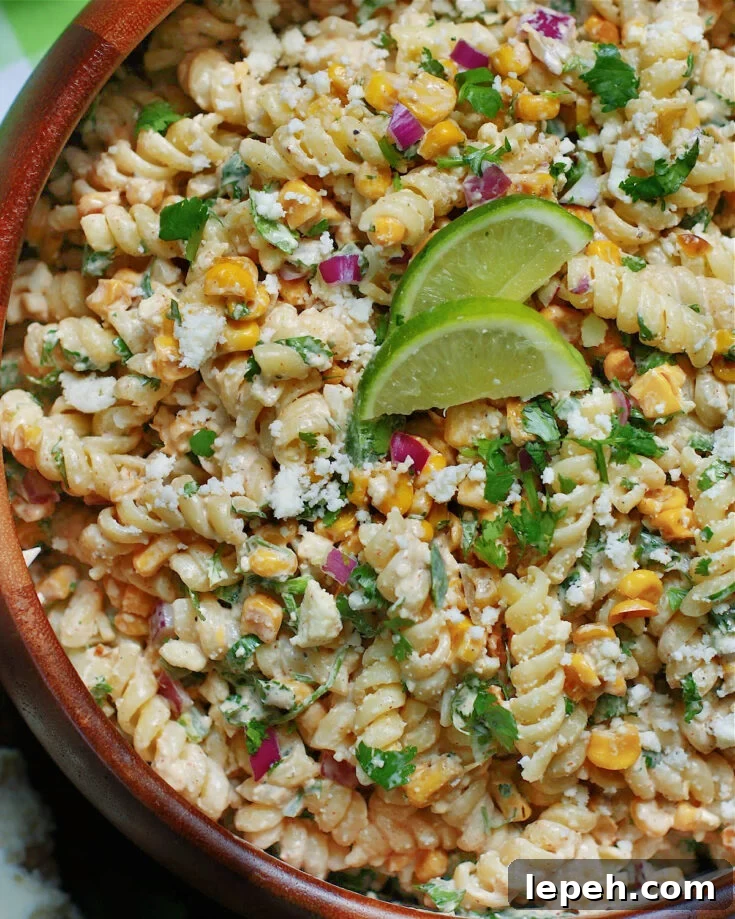 Mexican Street Corn Pasta with cool mayo & sour cream chile lime dressing