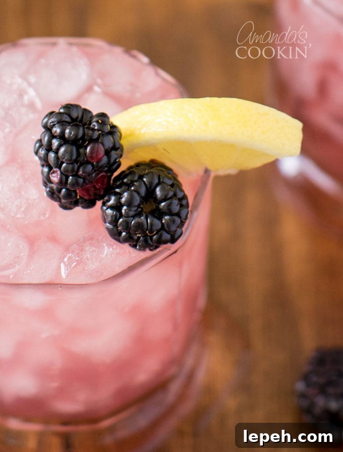 close up of bramble cocktail with blackberries and lemon on side of glass