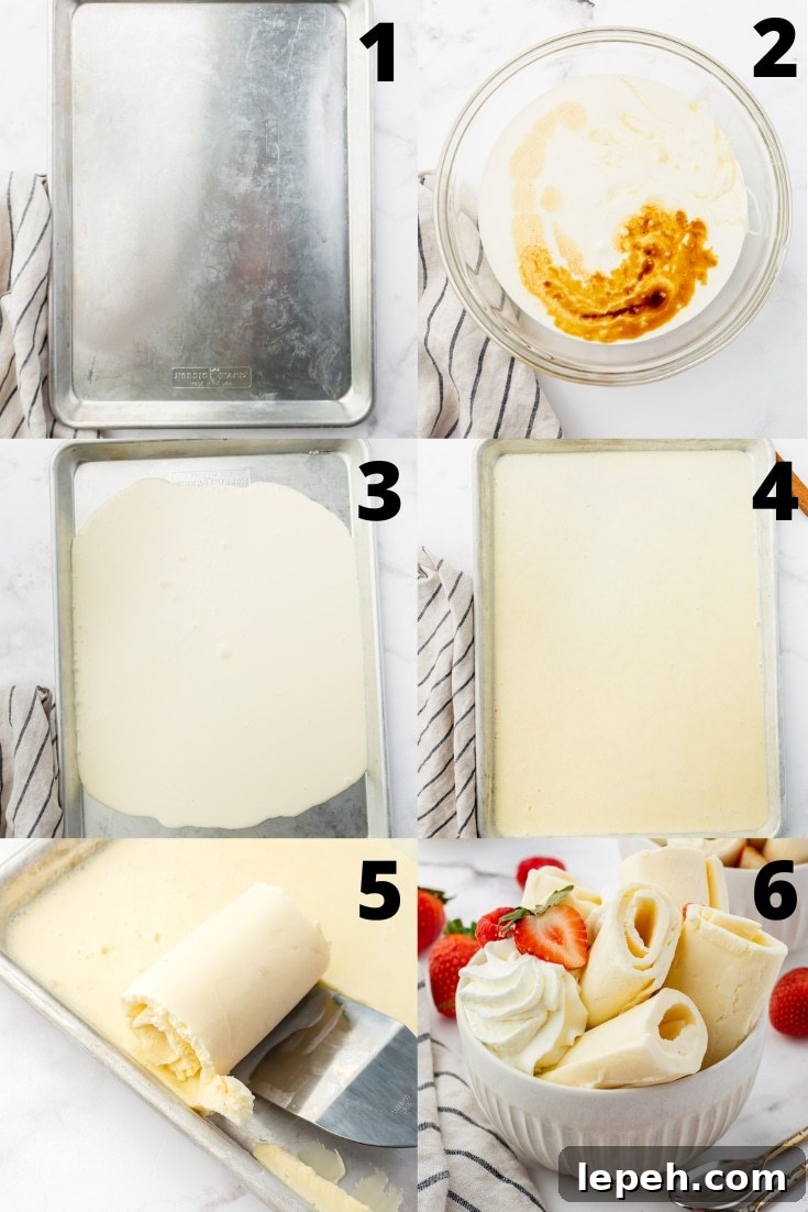 a collage of six images showing how to make rolled ice cream from scratch.