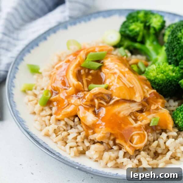 Honey and sriracha glazed shredded chicken over rice, served with steamed broccoli.