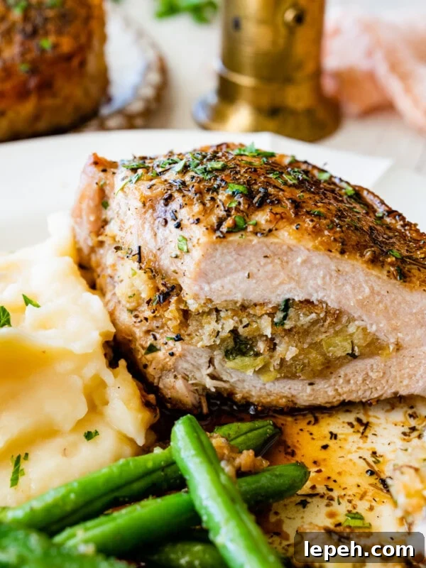 Baked stuffed pork chop on a plate with mashed potatoes and green beans.
