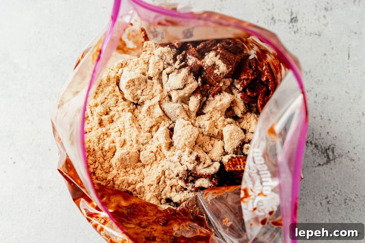 puppy chow covered in protein powder in a plastic bag