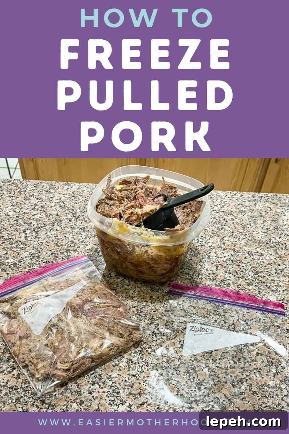 Pin with pork, ziploc, and measuring cup on a counter. Text reads "how to freeze pulled pork".