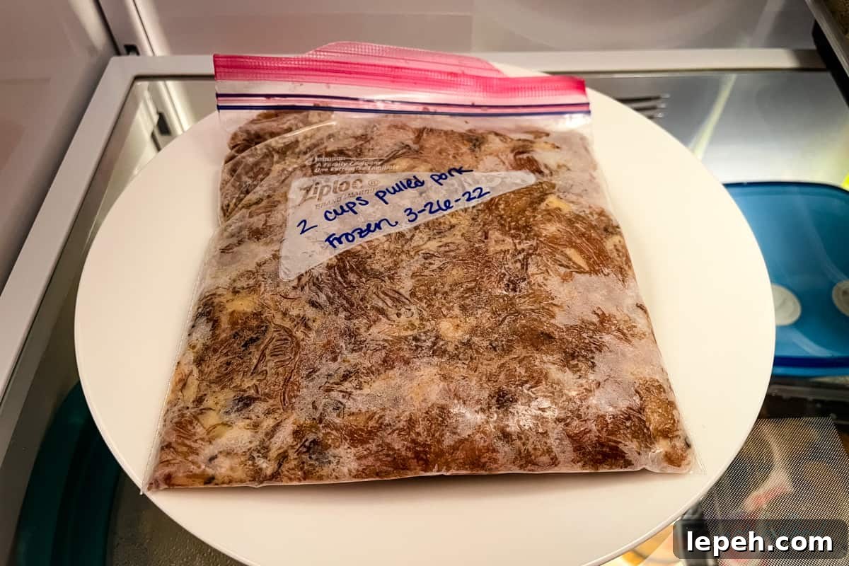 White plate in refrigerator with quart bag of frozen pulled pork sitting on it.