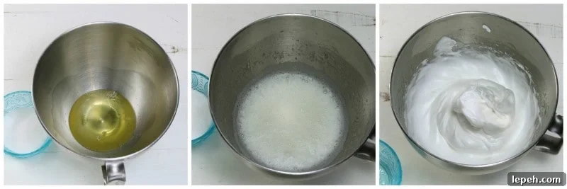 Beat egg whites then add sugar and beat again until stiff peaks form.