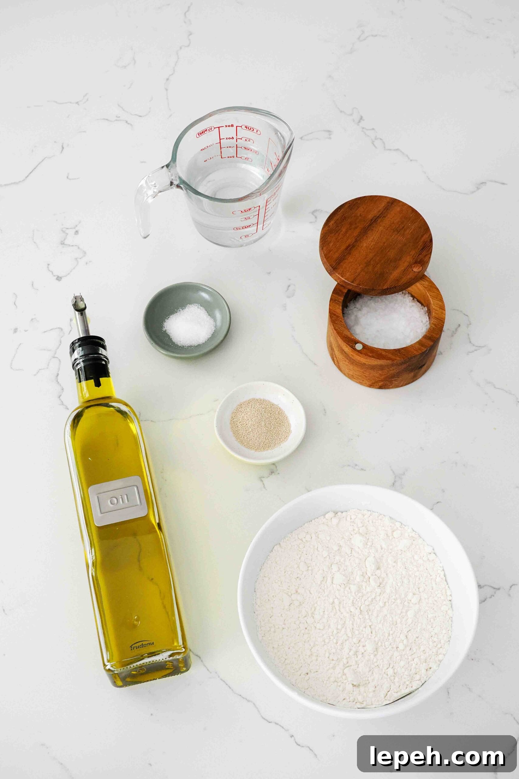 Ingredients for small batch focaccia on a kitchen counter.