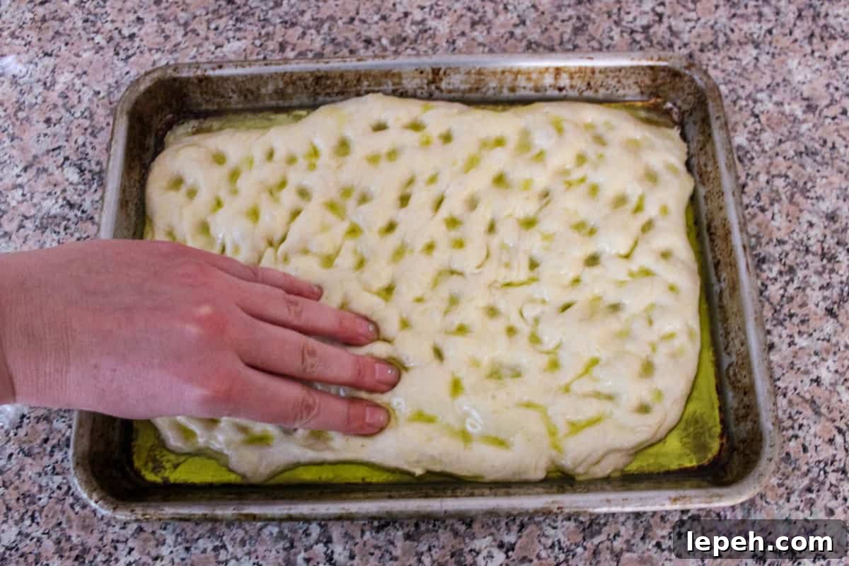 Risen pizza dough being dimpled by hand for a focaccia style finish.