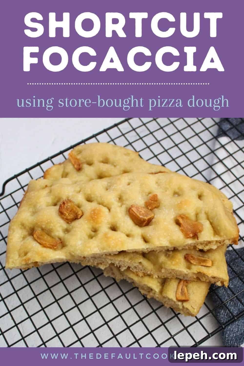Sliced focaccia on a cooling rack with recipe name "shortcut focaccia" above the photo.
