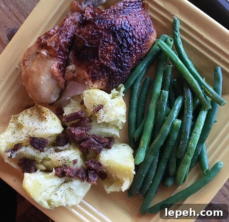 Rotisserie chicken, microwaved potatoes, steamed green beans with dressing – all prepared in a hotel microwave