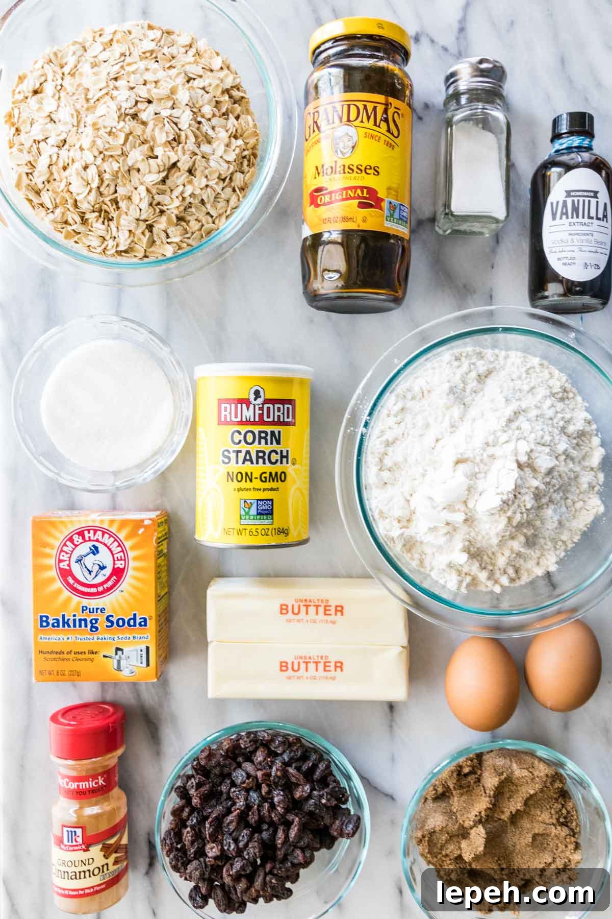 overhead view of ingredients including raisins, oats, flour, molasses, and more