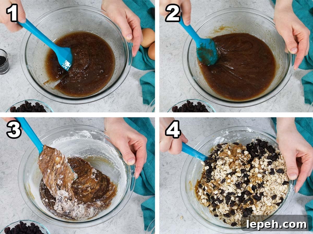 collage of four photos showing cookie dough being prepared and folded with oats and raisins