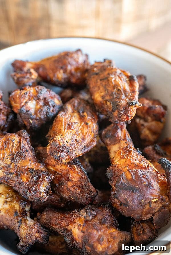Bowl of wings smoked on a drum smoker.