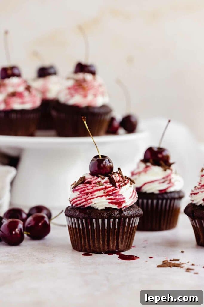 chocolate cupcake with cherry syrup drizzle