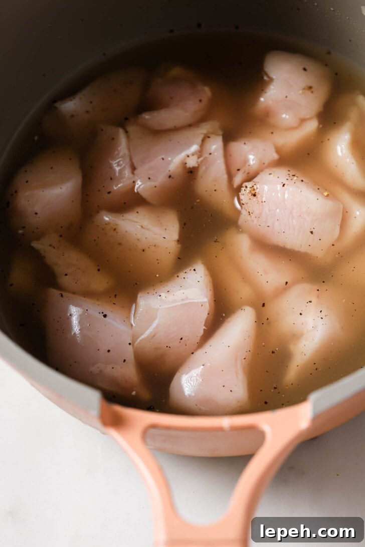 Cubed chicken, salt, pepper and stock in a pot ready to be boiled