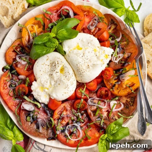 Picture of large plate with burrata salad.