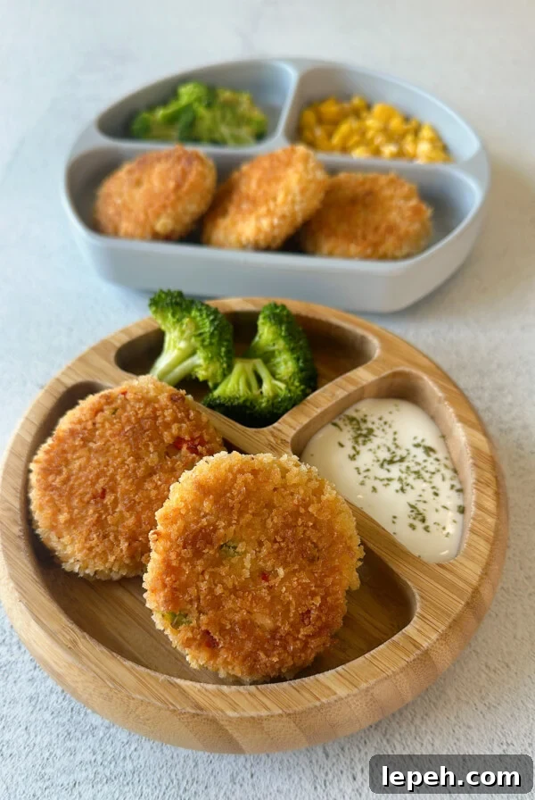 Salmon cakes served with broccoli, dip, and corn.