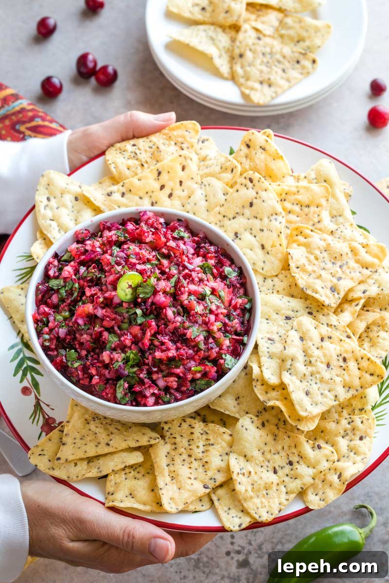Two hands holding holiday party platter of tortilla chips and bowl of salsa, with extra jalapeno, cranberry and plate of chips visible below.