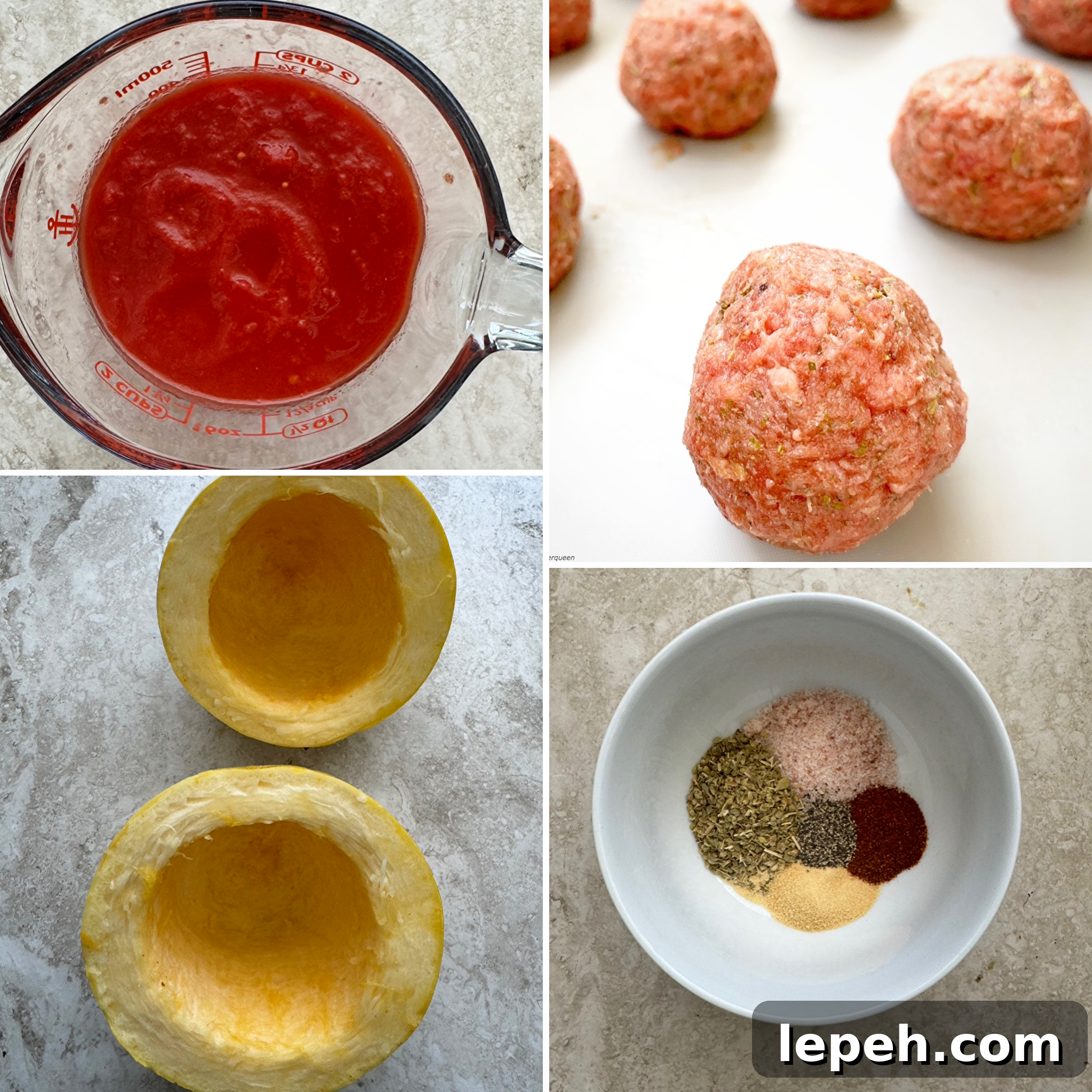 collage of ingredients for crockpot spaghetti squash meatballs