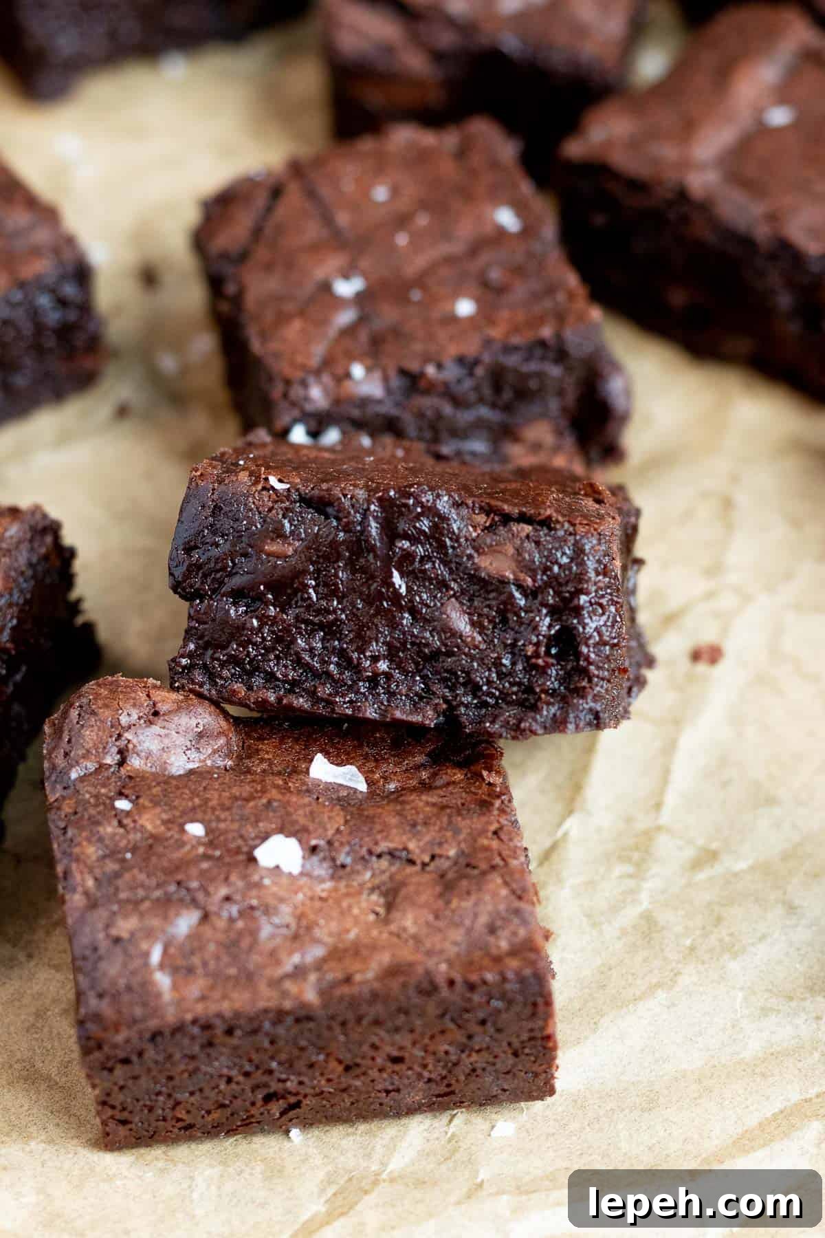 dark chocolate brownie leaning on another brownie with sea salt on top
