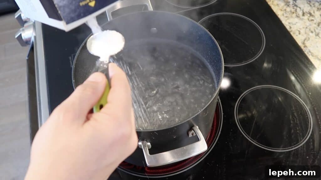 Pot of water on stove boiling and being salted