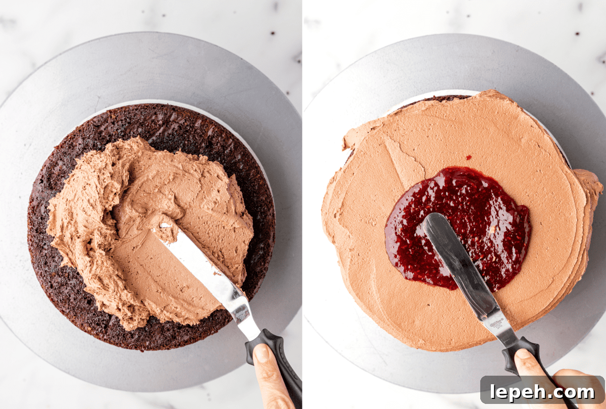 Two photos showing process of filling chocolate raspberry cake with buttercream and preserves