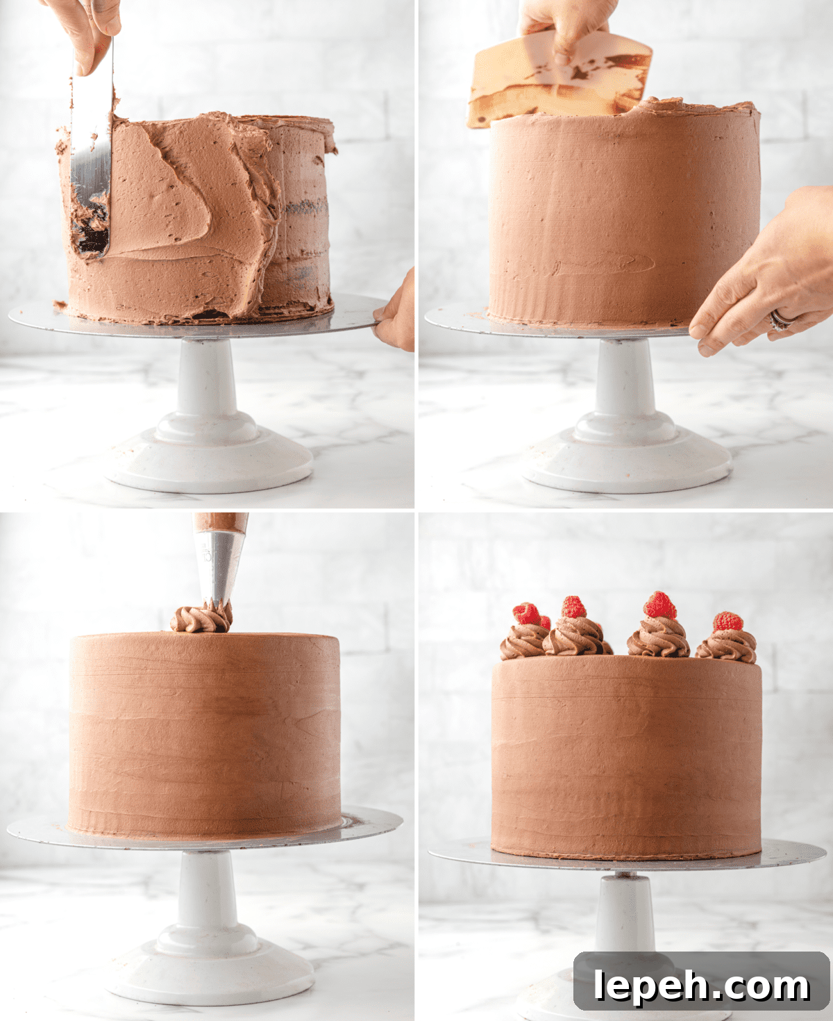 4 photos showing process of decorating chocolate raspberry cake