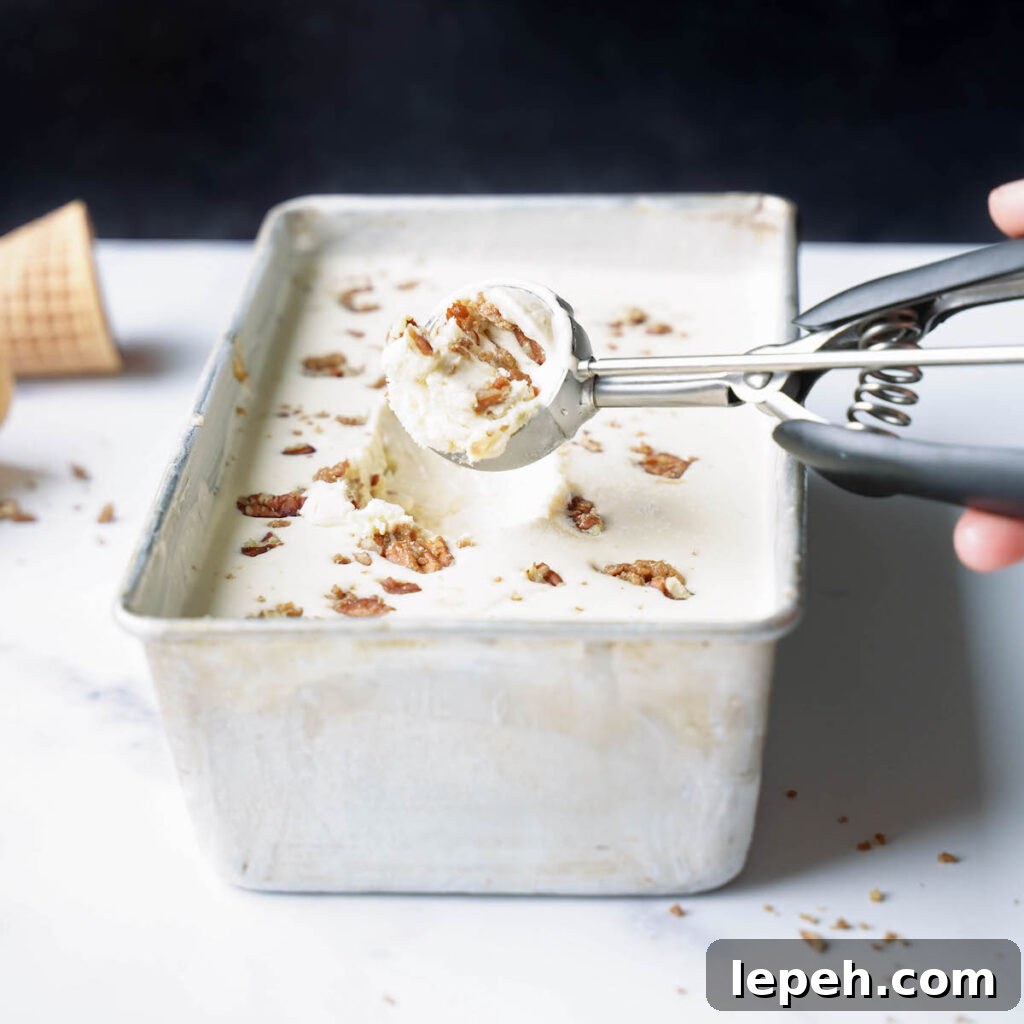 Scooping peach pecan ice cream