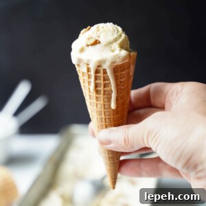 Bourbon peach ice cream in a cone