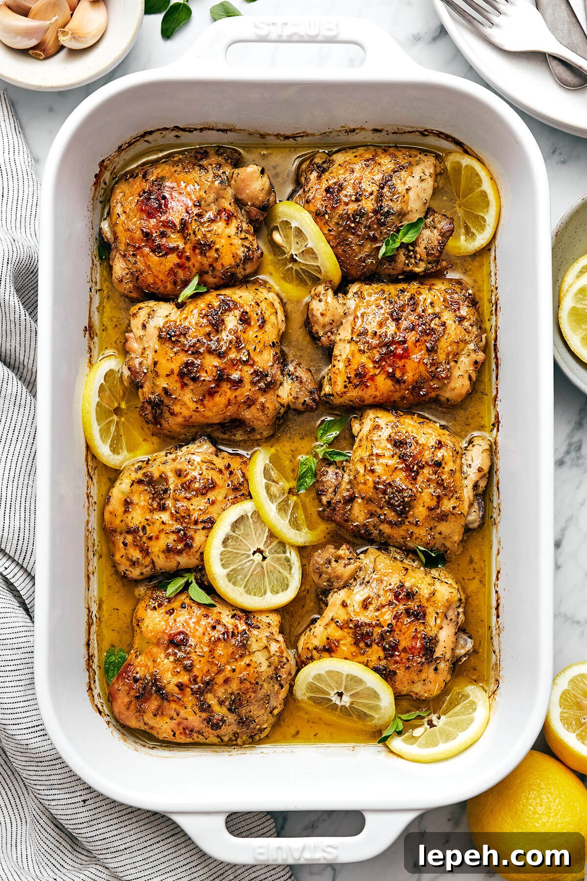 Greek lemon chicken in a baking dish