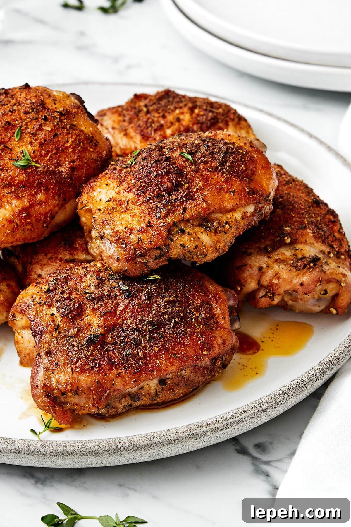 Crispy baked chicken thighs on a plate.