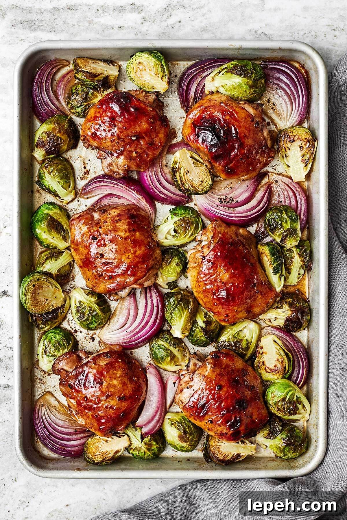 Balsamic chicken and Brussels sprouts on a sheet pan