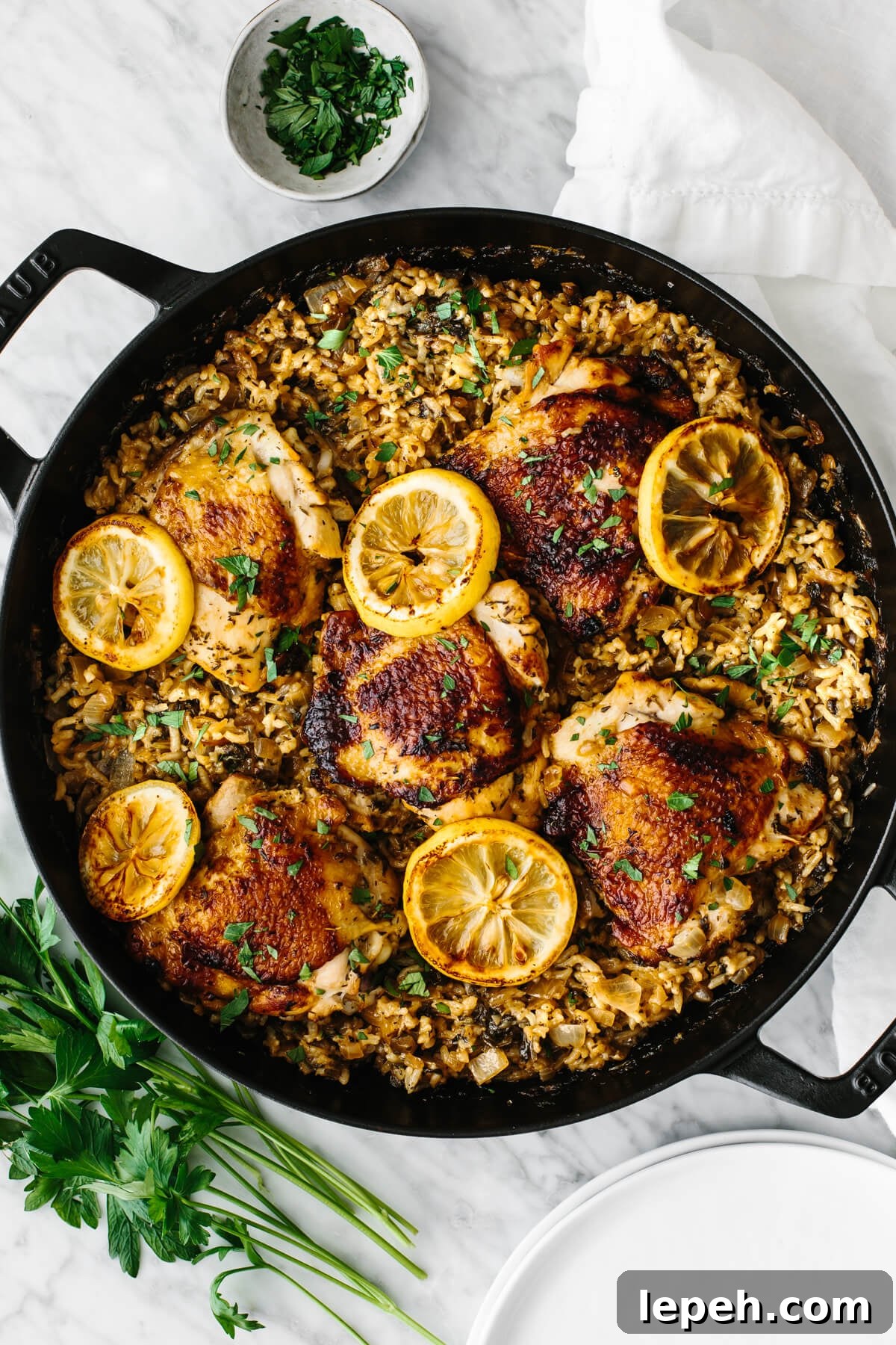 Chicken and rice in one pan garnished with lemon slices and parsley.