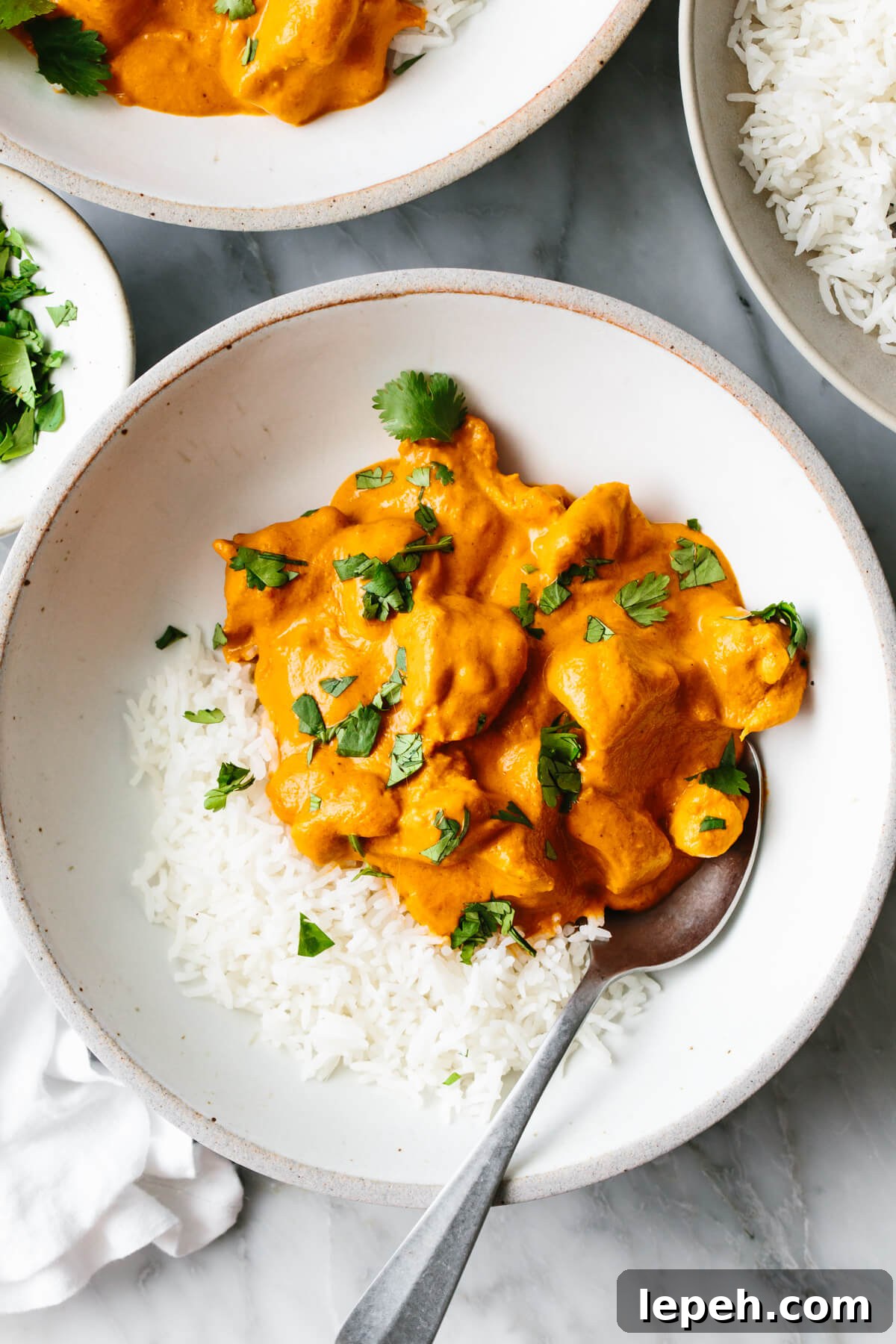 Butter chicken with rice in a bowl.