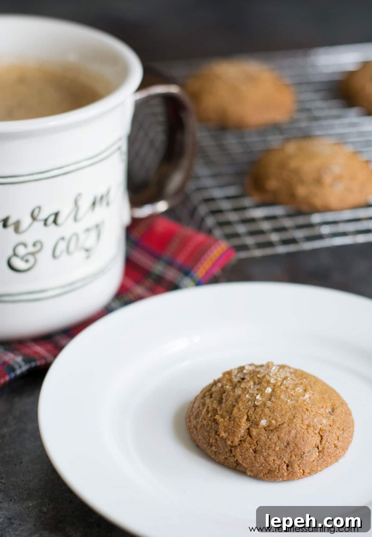 A ginger cookie on a plate next to a mug of coffee.