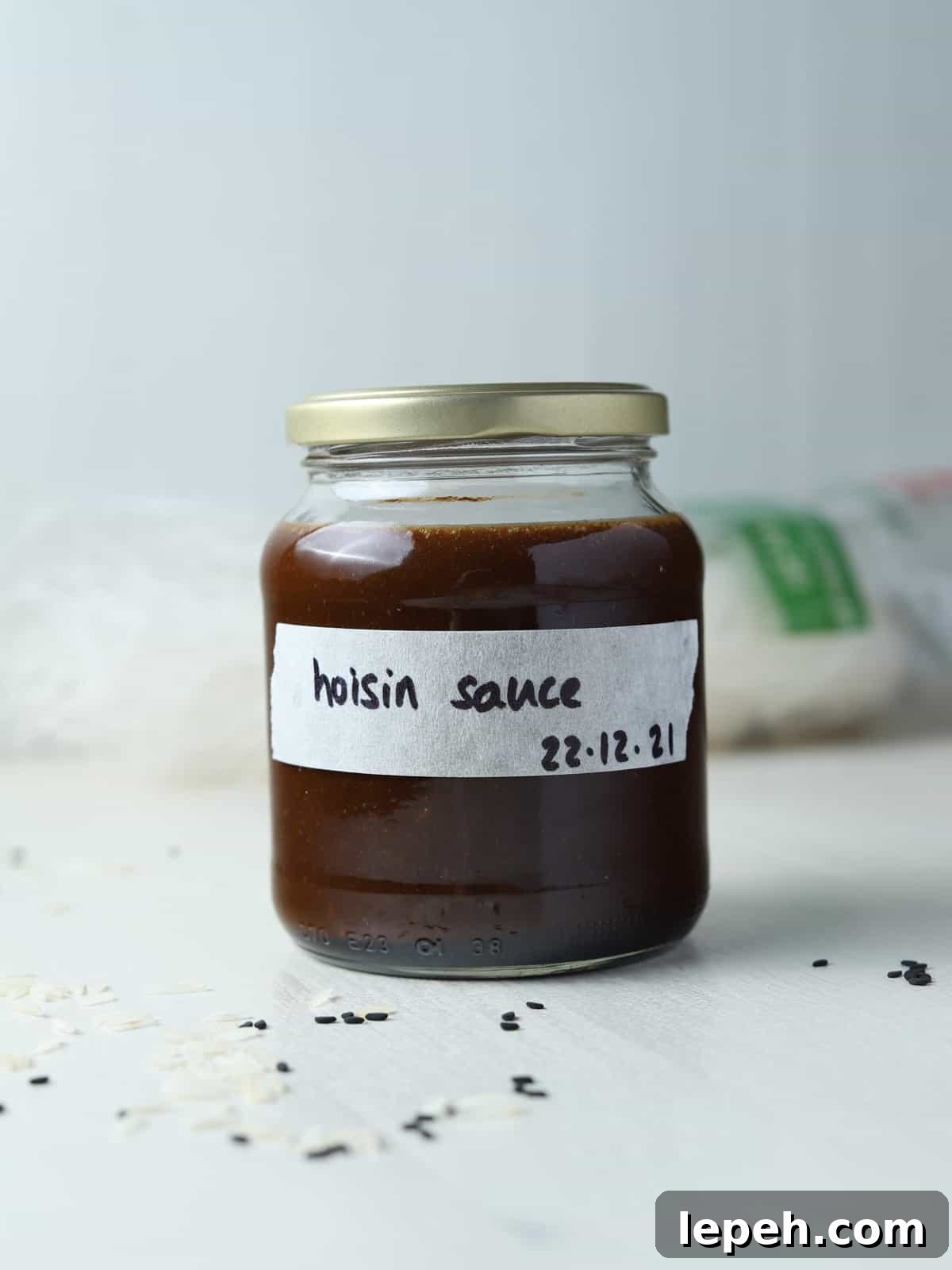 Photo of a jar of hoisin sauce for putting in the fridge.