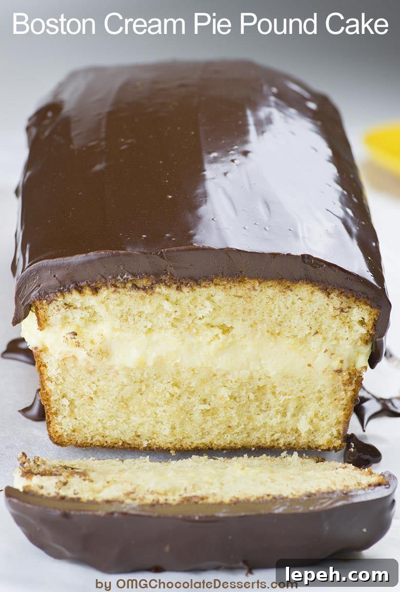 Boston Cream Pie Pound Cake - magnificent, smooth and creamy filling with vanilla flavor sandwiched between two cake layer, topped with rich chocolate ganache! Winning combo!