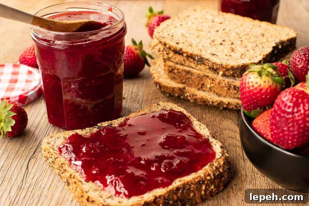 Bread served with the preserves and a jar on a wooden table.
