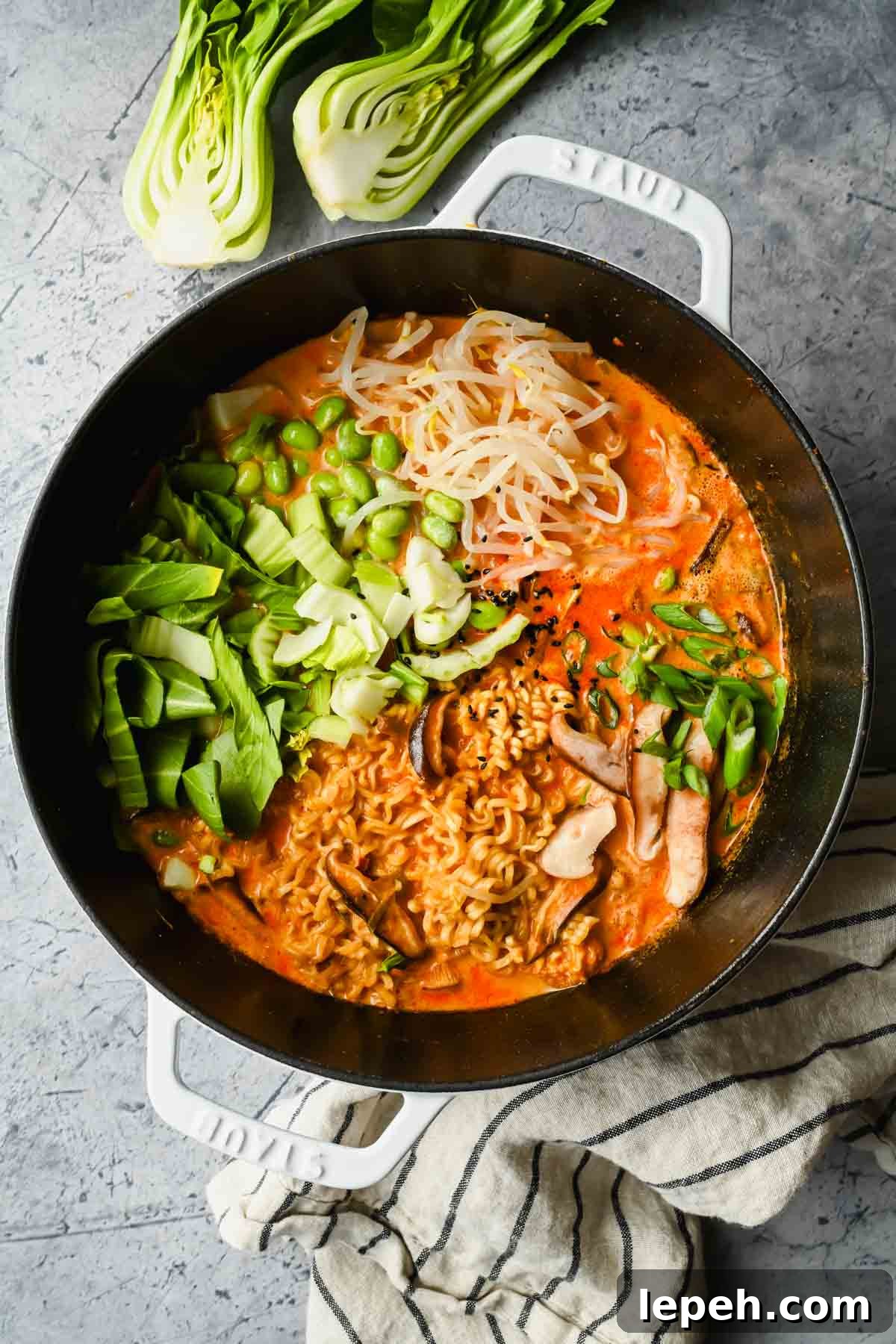 large stock pot of ramen curry ingredients before mixing together.