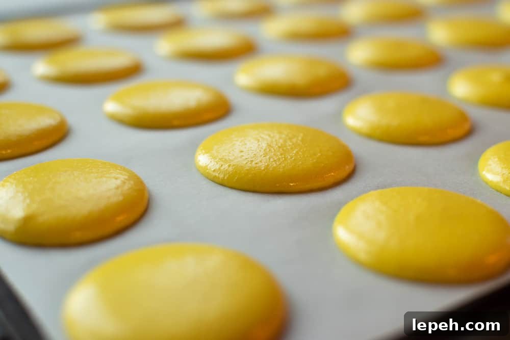 Yellow macarons ready for baking