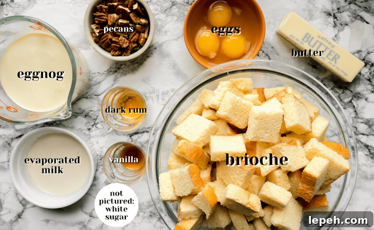 ingredients for eggnog bread pudding with rum glaze