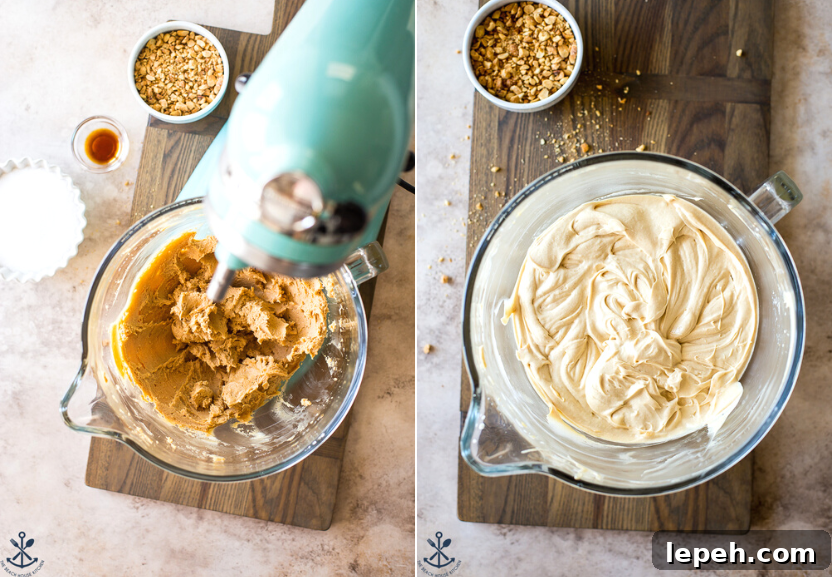 Diptich of peanut butter frosting in a glass bowl