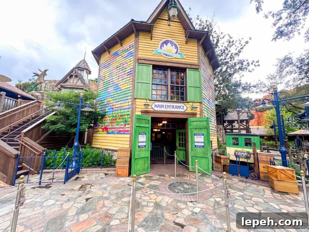 Main entrance for Tiana's Bayou Adventure.