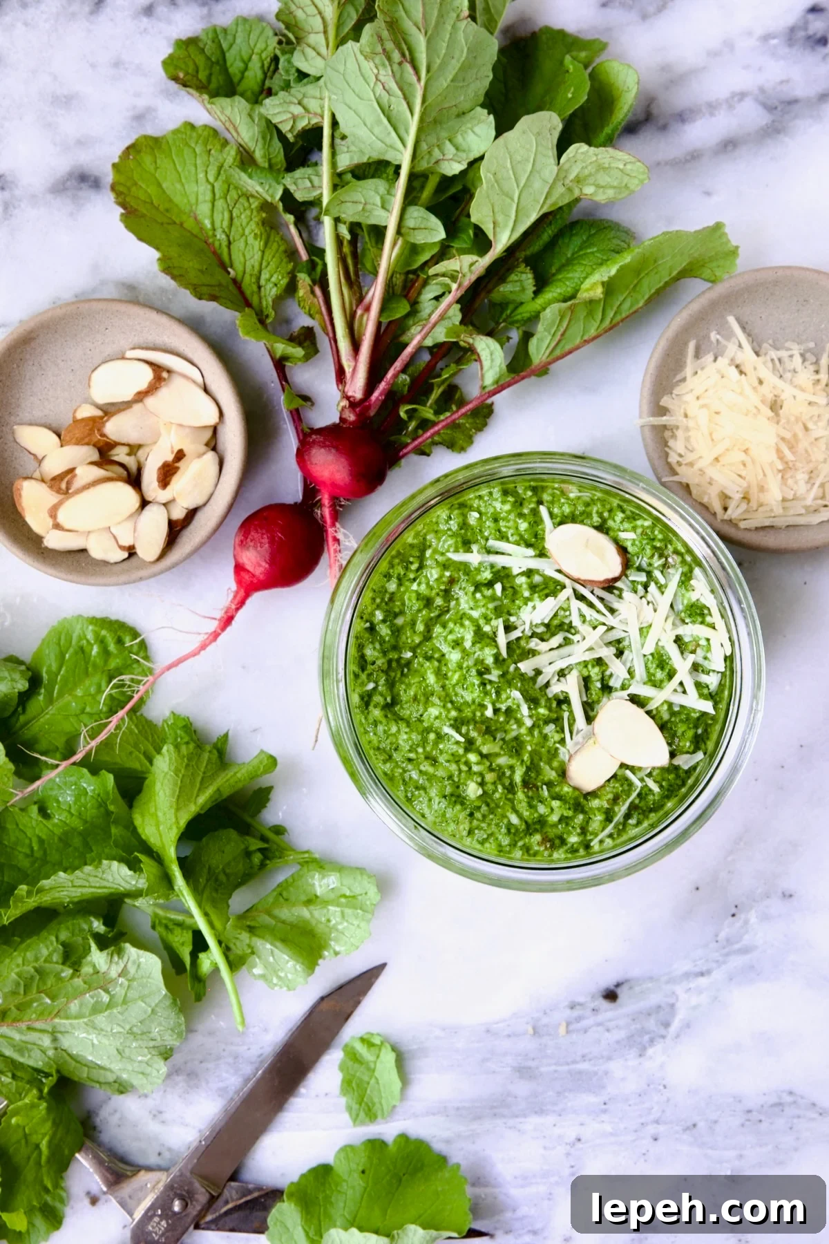 Radish Greens Pesto in glass jar with spoon on marble surface with ingredients in the pesto around it.