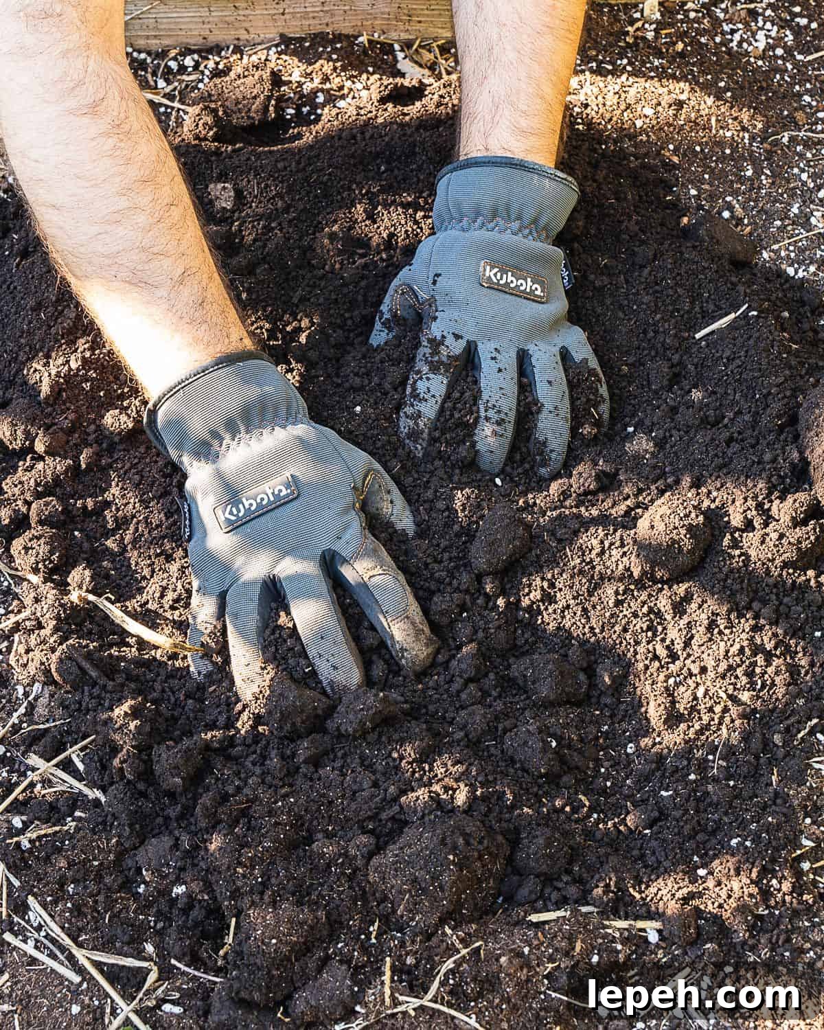 Mixing compost into a garden bed.