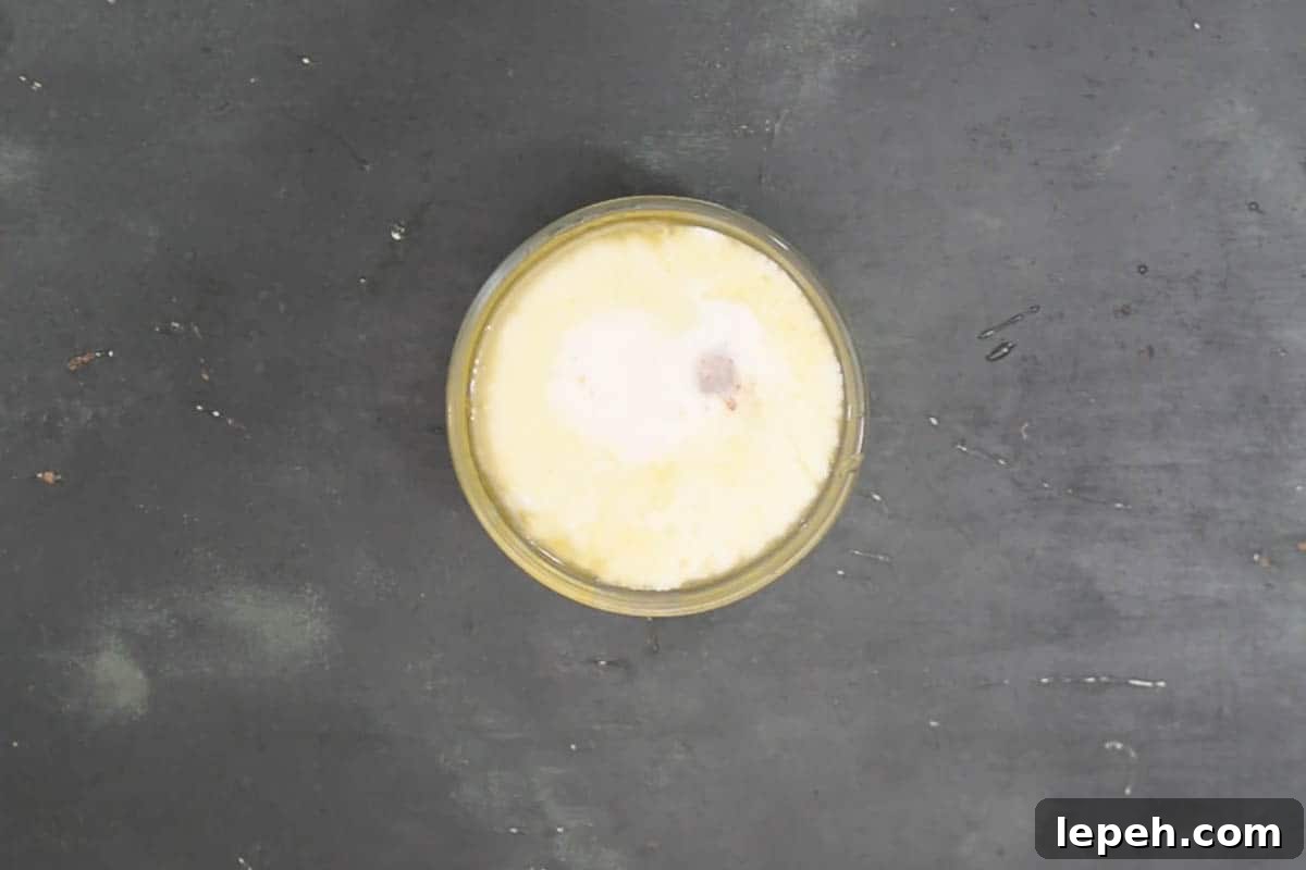 Milk and vanilla extract added to the bowl.