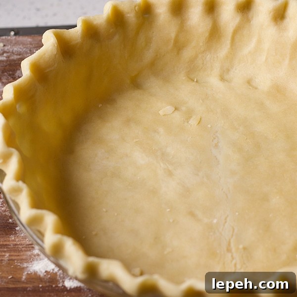 The bottom pie crust, fitted into a pie plate and ready to bake.