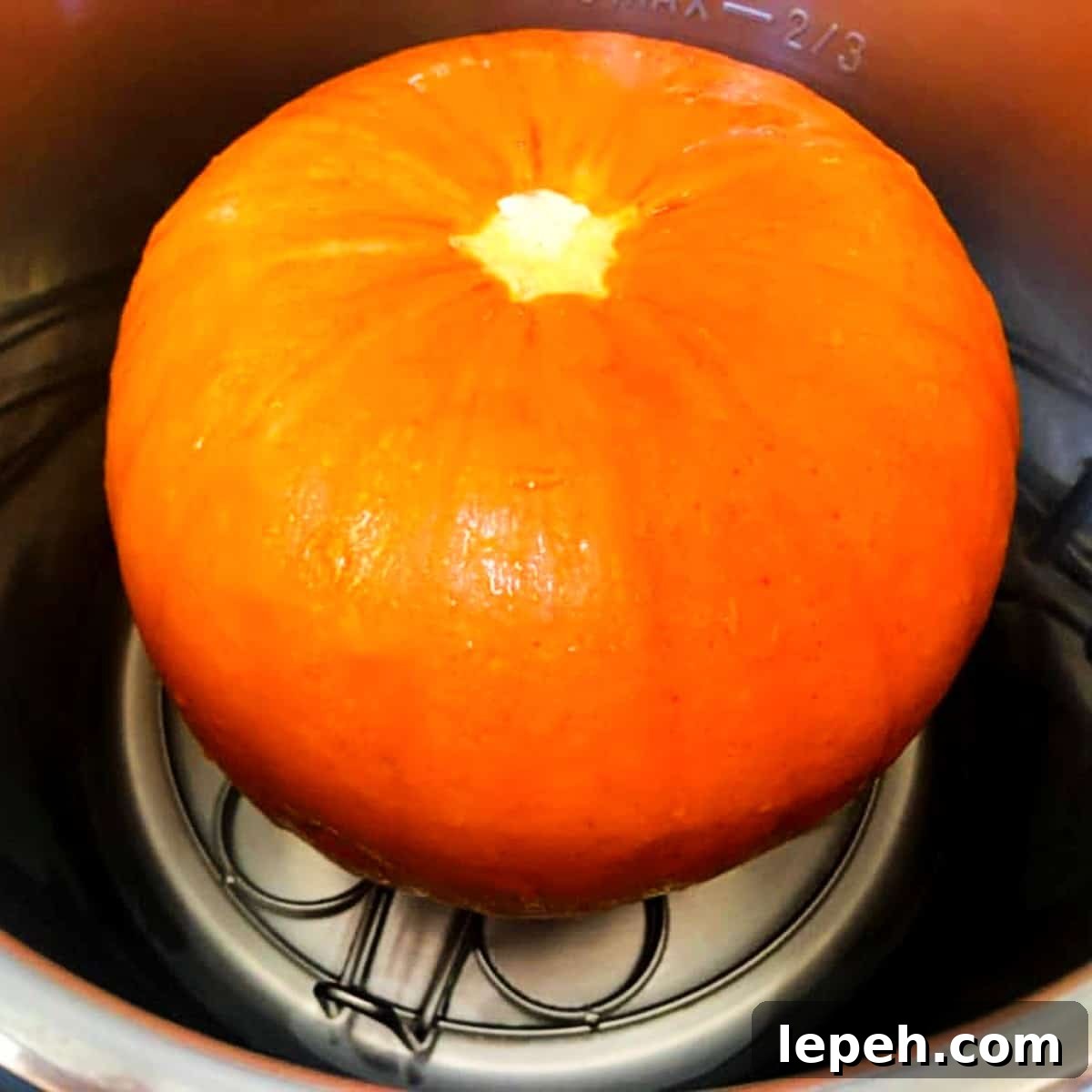 sugar pumpkin in an instant pot on a metal trivet